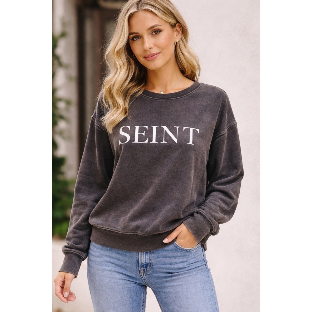 SEINT Womens Cropped Acid Wash Charcoal Gray Crewneck Sweatshirt Comfort‎ Size M